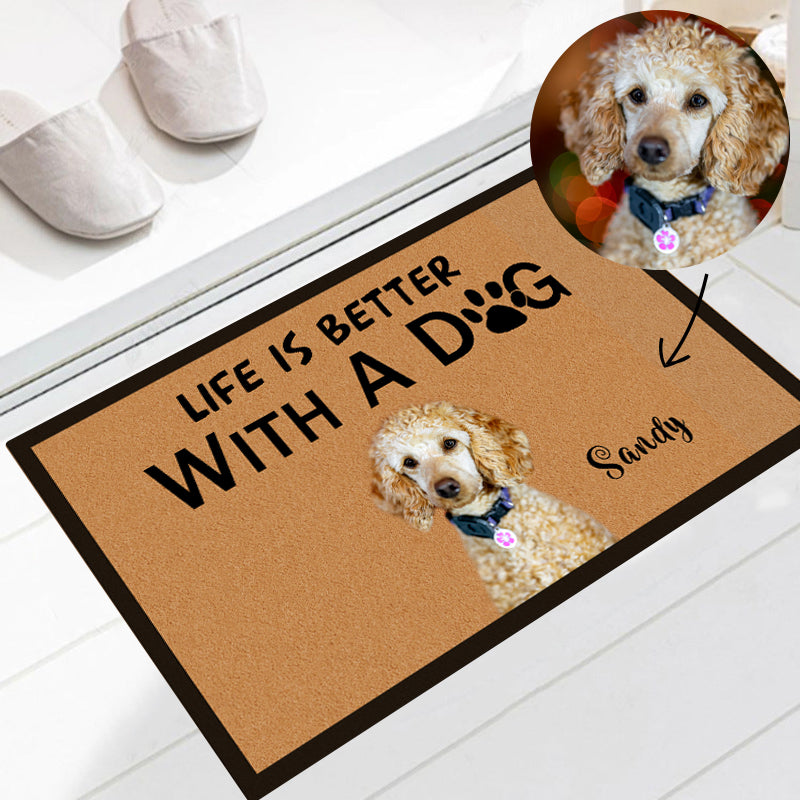 Life is Better with a Dog Cat Custom Pet Doormat with Pets Name and Photo The Pet Pillow