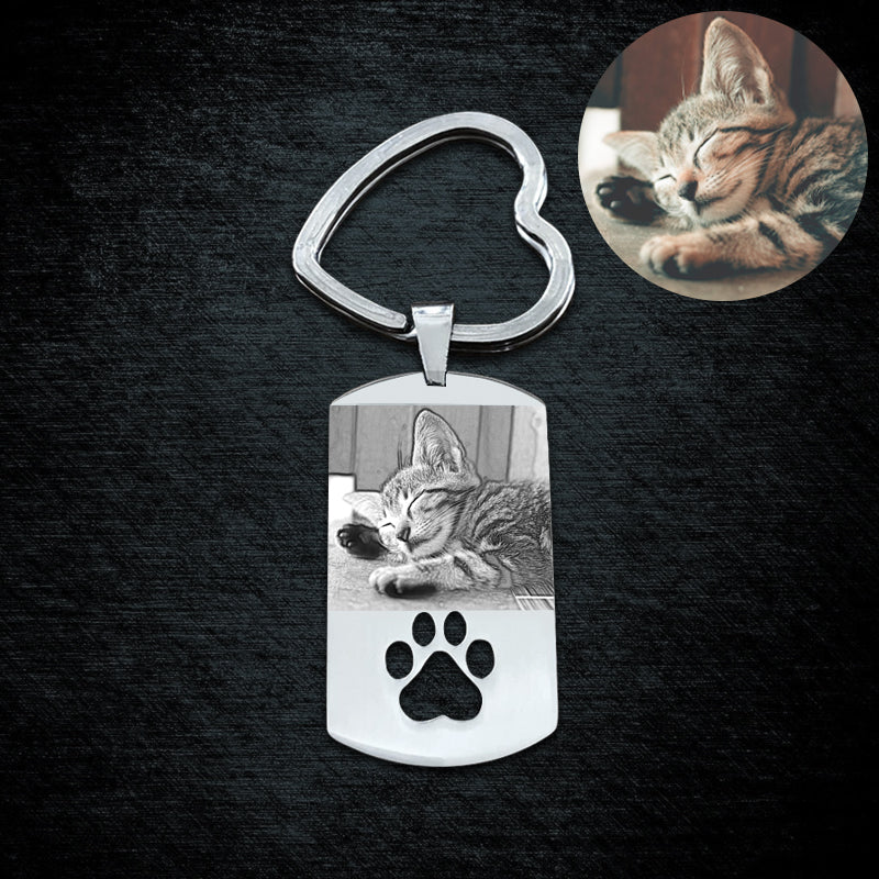 Your Pets Photo Keychain, Add a Paw or Nose Print, YOUR Pets Actual Print, Personalized by you, Solid Stainless Steel, Dogs sold & Cats